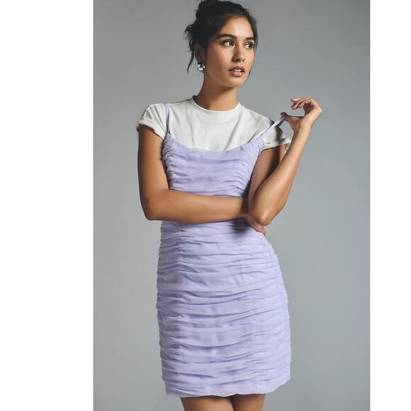 New Anthropologie Hutch Ruched Tulle Mini Dress $198 SIZE 6 Lavender Back Bow - Picture 3 of 5